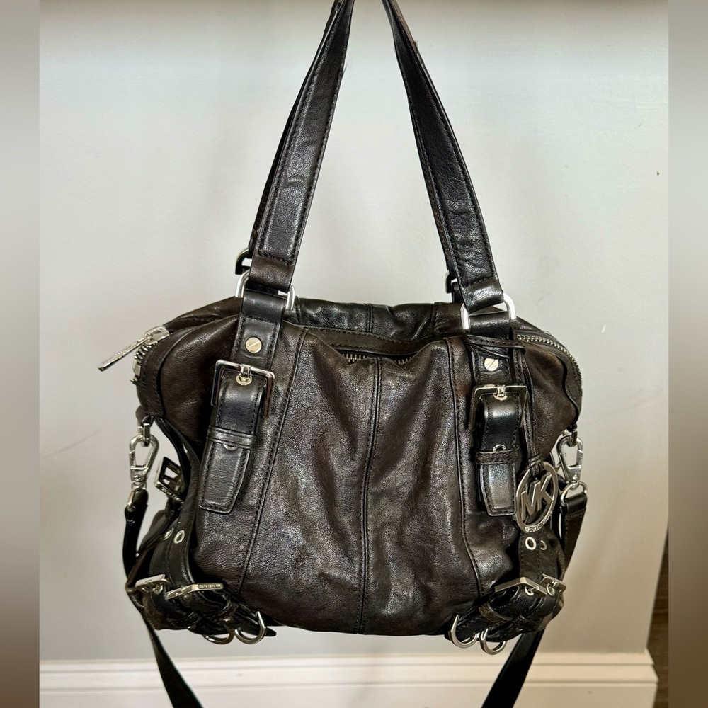 Beautiful vintage black leather Michael Kors satchel bag with silver accents.